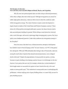 The Paradox of Adversity: New Left Party Survival and Collapse in Brazil, Mexico, and Argentina