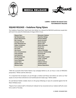 Vodafone Flying Fijians MEDIA RELEASE