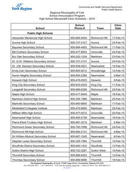 High School Menactra® Clinic Schedule – 2015