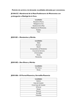 Petición De Servicio a La Demanda. Localidades Afectadas Por Concesiones