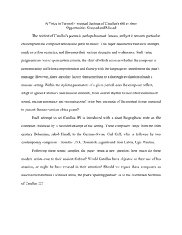 A Voice in Turmoil - Musical Settings of Catullus's Odi Et Amo: Opportunities Grasped and Missed