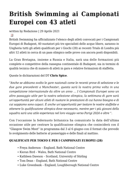 British Swimming Ai Campionati Europei Con 43 Atleti Written by Redazione | 29 Aprile 2021