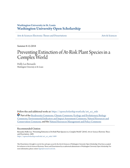 Preventing Extinction of At-Risk Plant Species in a Complex World Holly Lee Bernardo Washington University in St