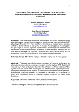 CONSIDERAÇÕES a RESPEITO DO SISTEMA DE MONOTRILHO: Características Técnicas, Vantagens & Desvantagens E Projetos Em Andamento