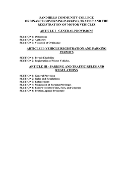 Sandhills Community College Ordinance Governing Parking, Traffic and the Registration of Motor Vehicles