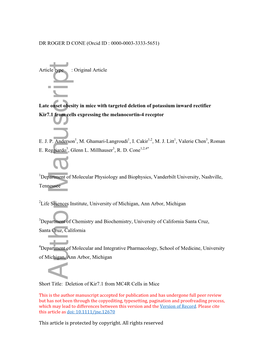 Late Onset Obesity in Mice with Targeted Deletion of Potassium Inward Rectifier Kir7.1 from Cells Expressing the Melanocortin-4 Receptor