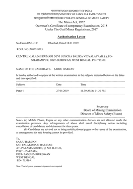 The Mines Act, 1952 Overman's Certificate of Competency