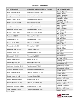 2021 HR Pay Calendar Chart