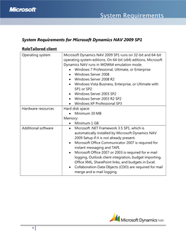 System Requirements for Microsoft Dynamics NAV 2009 SP1