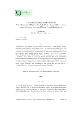 The Paratext/Metatext Continuum Walter Benjamin’S “The Translator’S Task” As a Paratext That Is Also a Metatext Within a Network of Nested Textual Manifestations