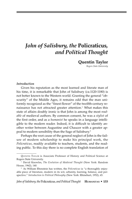 John of Salisbury, the Policraticus, and Political Thought