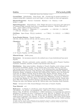 Duftite Pbcu(Aso4)(OH) C 2001-2005 Mineral Data Publishing, Version 1 Crystal Data: Orthorhombic