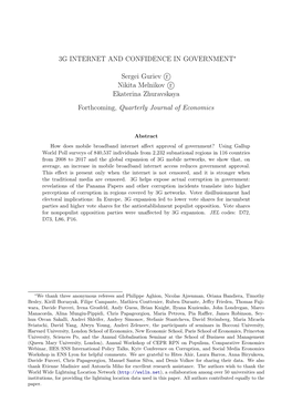 3G INTERNET and CONFIDENCE in GOVERNMENT∗ Sergei Guriev R Nikita Melnikov R Ekaterina Zhuravskaya Forthcoming, Quarterly