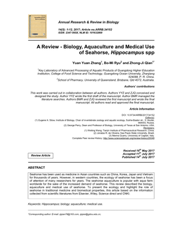 Biology, Aquaculture and Medical Use of Seahorse, Hippocampus Spp