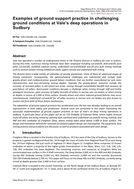 Examples of Ground Support Practice in Challenging Ground Conditions at Vale’S Deep Operations in Sudbury