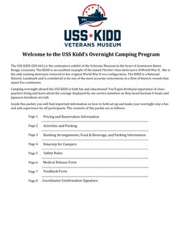 Welcome to the USS Kidd's Overnight Camping Program