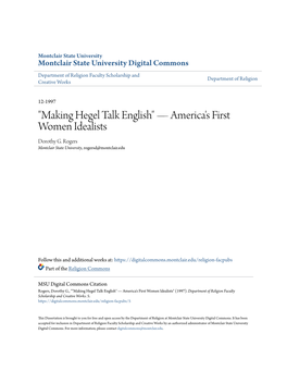 Making Hegel Talk English" — America's First Women Idealists Dorothy G