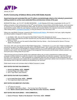 Avid's Community of Editors Shine at the ACE Eddie Awards