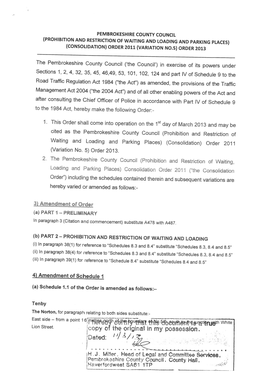 Prohibition and Restriction of Waiting and Loading and Parking Places) (Consolidation) Order 2011 Revised List of Schedules 01/03/13