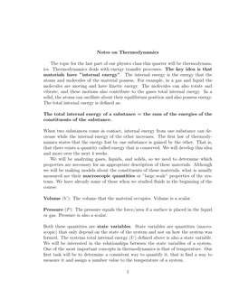 Notes on Thermodynamics the Topic for the Last Part of Our Physics Class