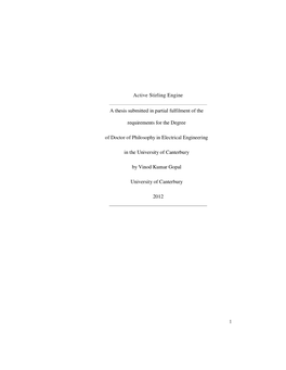 1 Active Stirling Engine a Thesis Submitted in Partial Fulfilment of The