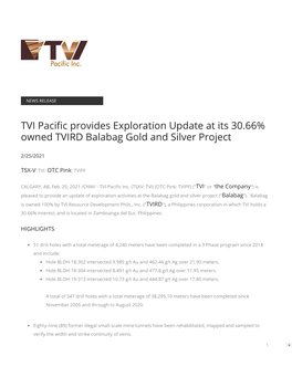 TVI Paci C Provides Exploration Update at Its 30.66% Owned TVIRD