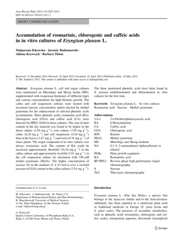 Accumulation of Rosmarinic, Chlorogenic and Caffeic Acids in in Vitro Cultures of Eryngium Planum L
