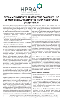 Recommendation to Restrict the Combined Use of Medicines Affecting the Renin-Angiotensin (Ras) System