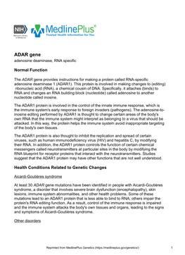 ADAR Gene Adenosine Deaminase, RNA Specific