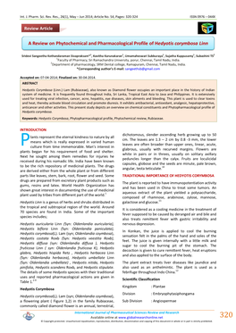 A Review on Phytochemical and Pharmacological Profile of Hedyotis Corymbosa Linn