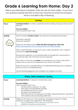 Grade 6 Learning from Home: Day 2 Here Is Your Learning to Complete Whilst You Are at Home Today