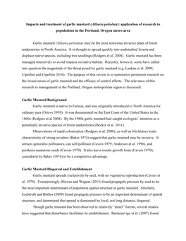 Impacts and Treatment of Garlic Mustard (Alliaria Petiolata): Application of Research to Populations in the Portland, Oregon Metro Area