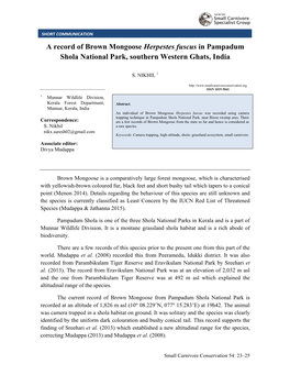 A Record of Brown Mongoose Herpestes Fuscus in Pampadum Shola National Park, Southern Western Ghats, India