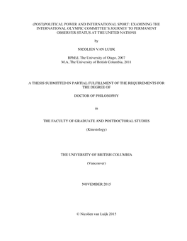 (Post)Political Power and International Sport: Examining the International Olympic Committee’S Journey to Permanent Observer Status at the United Nations