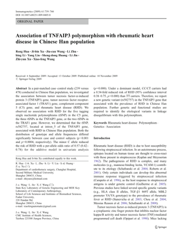 Association of TNFAIP3 Polymorphism with Rheumatic Heart Disease in Chinese Han Population