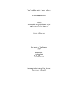 Humor in Poetry Cameron Quan Louie a Thesis Submitted in Partial