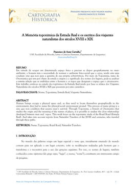 A Memória Toponímica Da Estrada Real E Os Escritos Dos Viajantes Naturalistas Dos Séculos XVIII E XIX