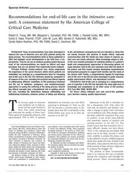 Recommendations for End-Of-Life Care in the Intensive Care Unit: a Consensus Statement by the American College of Critical Care Medicine