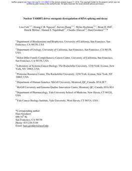 Nuclear TARBP2 Drives Oncogenic Dysregulation of RNA Splicing and Decay Lisa Fish1,2,3, Hoang C.B. Nguyen4, Steven Zhang1,2,3, M