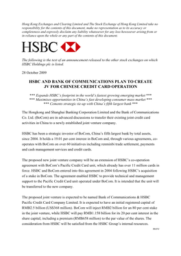 Hsbc and Bank of Communications Plan to Create Jv for Chinese Credit Card Operation