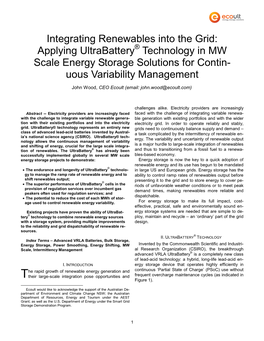 Integrating Renewables Into the Grid: Applying Ultrabattery Technology in MW Scale Energy Storage Solutions for Contin- Uous Va