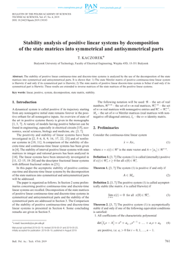 Stability Analysis of Positive Linear Systems by Decomposition of the State Matrices Into Symmetrical and Antisymmetrical Parts