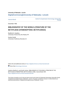 Bibliography of the World Literature of the Bethylidae (Hymenoptera: Bethyloidea)