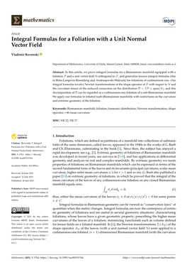 Integral Formulas for a Foliation with a Unit Normal Vector Field