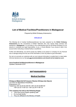 List of Medical Facilities/Practitioners in Madagascar