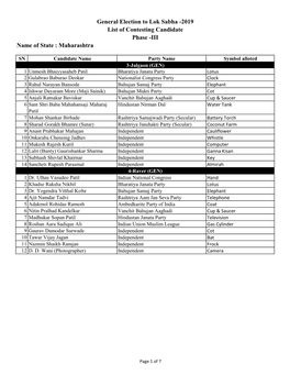 General Election to Lok Sabha -2019 List of Contesting Candidate Phase -III Name of State : Maharashtra