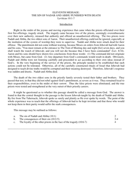 ELEVENTH MESSAGE: the SIN of NADAB and ABIHU PUNISHED with DEATH Leviticus 10:1-7 Introduction Right in the Midst of the Joyous