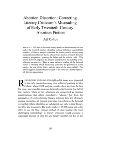 Abortion Distortion: Correcting Literary Criticism’S Misreading of Early Twentieth-Century Abortion Fiction Jeff Koloze