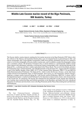 Middle-Late Eocene Marine Record of the Biga Peninsula, NW Anatolia, Turkey