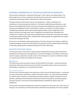 ECONOMIC CONTRIBUTION of the BICYCLE INDUSTRY in MINNESOTA Total Economic Contribution Is Comprised of Three Parts - Direct, Indirect, and Induced Effects